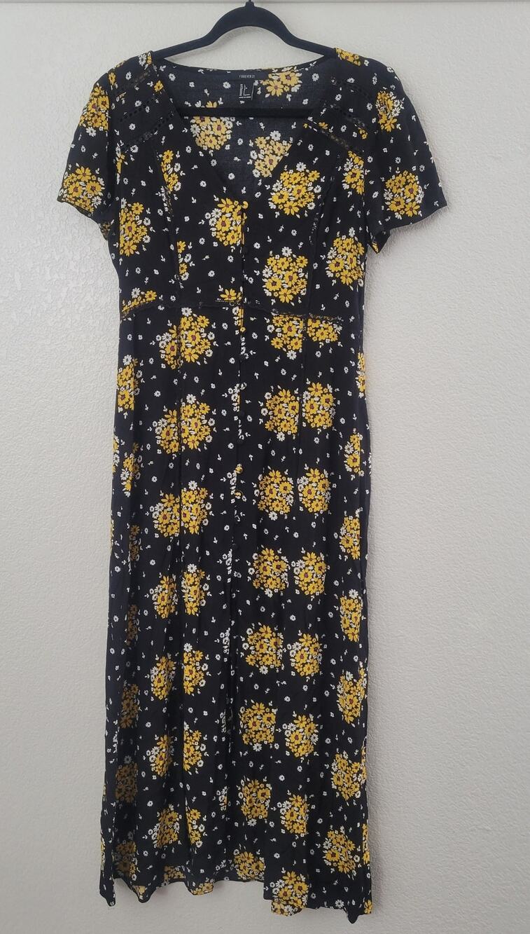 Forever 21 Women's Large Black Yellow Floral Midi Dress Button Front Rayon